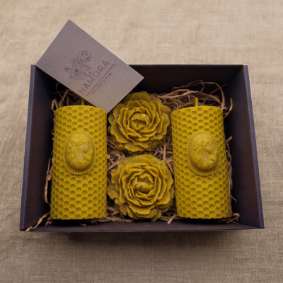 Žalias bičių vaško žvakių dovanų rinkinys