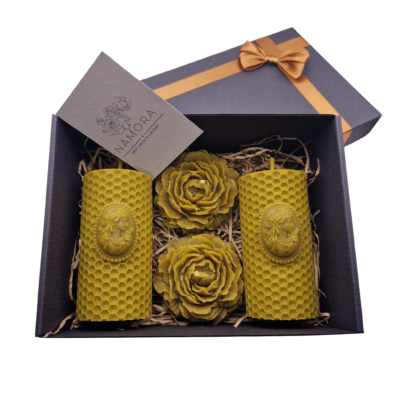 Žalias bičių vaško žvakių dovanų rinkinys